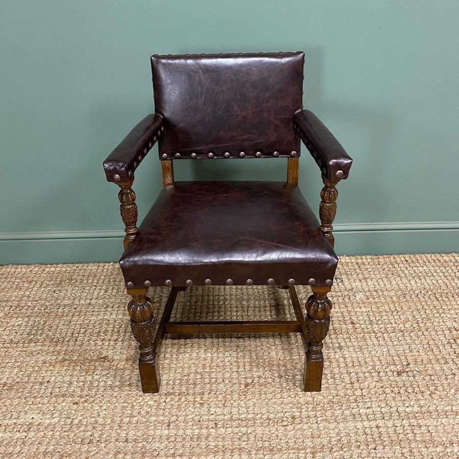 Antique Furniture Antiques World (via WooCommerce) Chairs | Quality Antique Oak & Leather Desk Chair / Arm Chair