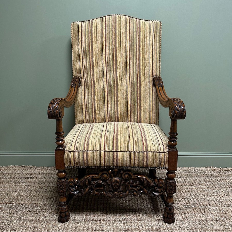 Antique Furniture Antiques World (via WooCommerce) Chairs | Quality Large Upholstered Antique Arm Chair / Throne Chair