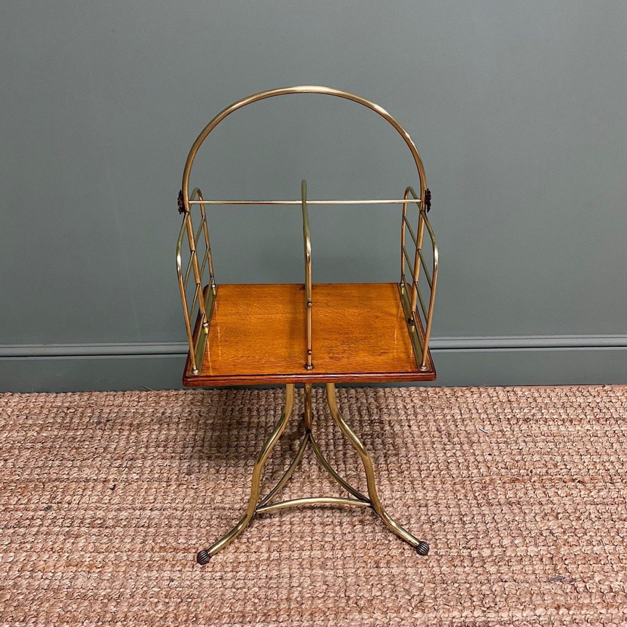 Antique Furniture Antiques World (via WooCommerce) Side Tables | Antique Edwardian Brass & Oak Revolving / Magazine Rack