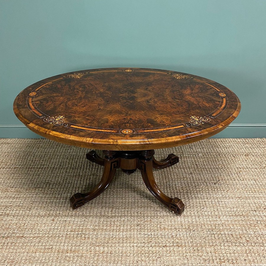 Antique Furniture Antiques World (via WooCommerce) Dining Tables | Magnificent Figured Walnut Inlaid Antique Oval Walnut Dining Table